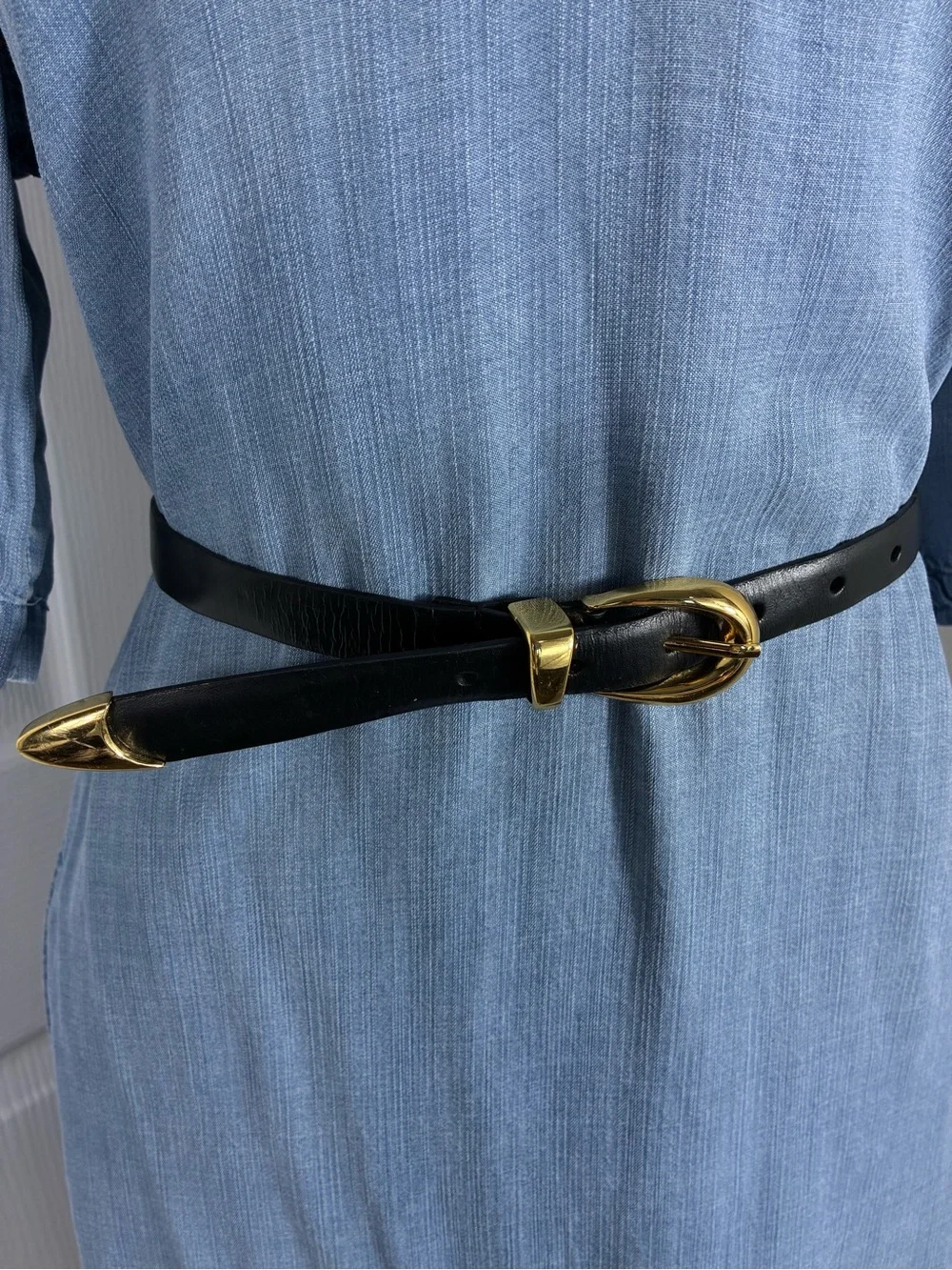 Womens belt 41” long Classic Black Faux Leather with Gold Buckle
